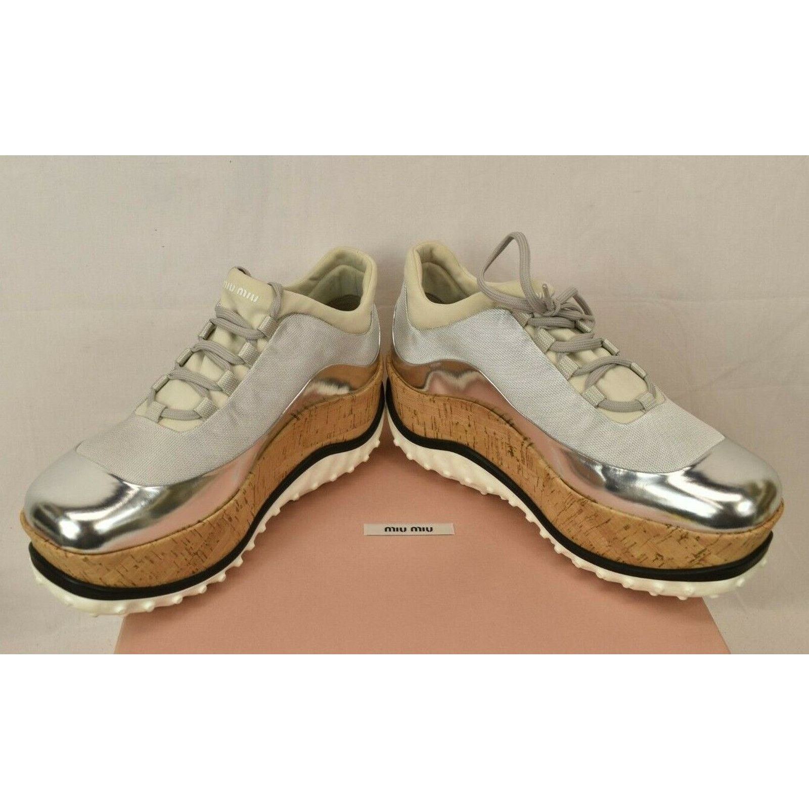 Miu Miu 5E281A SILVER PATENT LEATHER CORK PLATFORM SNEAKERS 40.5 Size US 10.5 / IT 40.5 - 11 Thumbnail