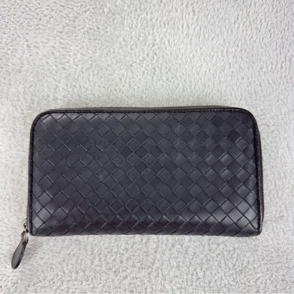 Bottega Veneta Intrecciato Lambskin Zip Around Long Black W