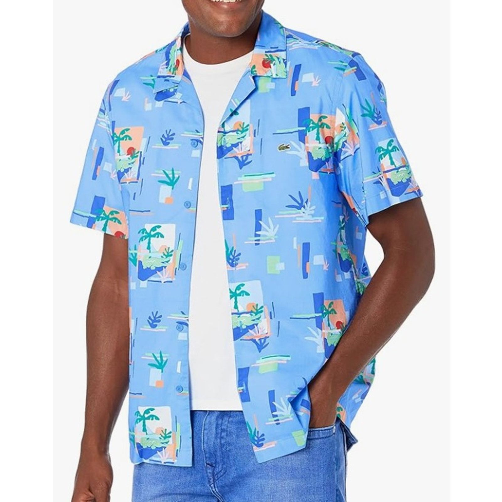 Lacoste Mens Short Sleeve Summer Print Button Woven Shirt XL