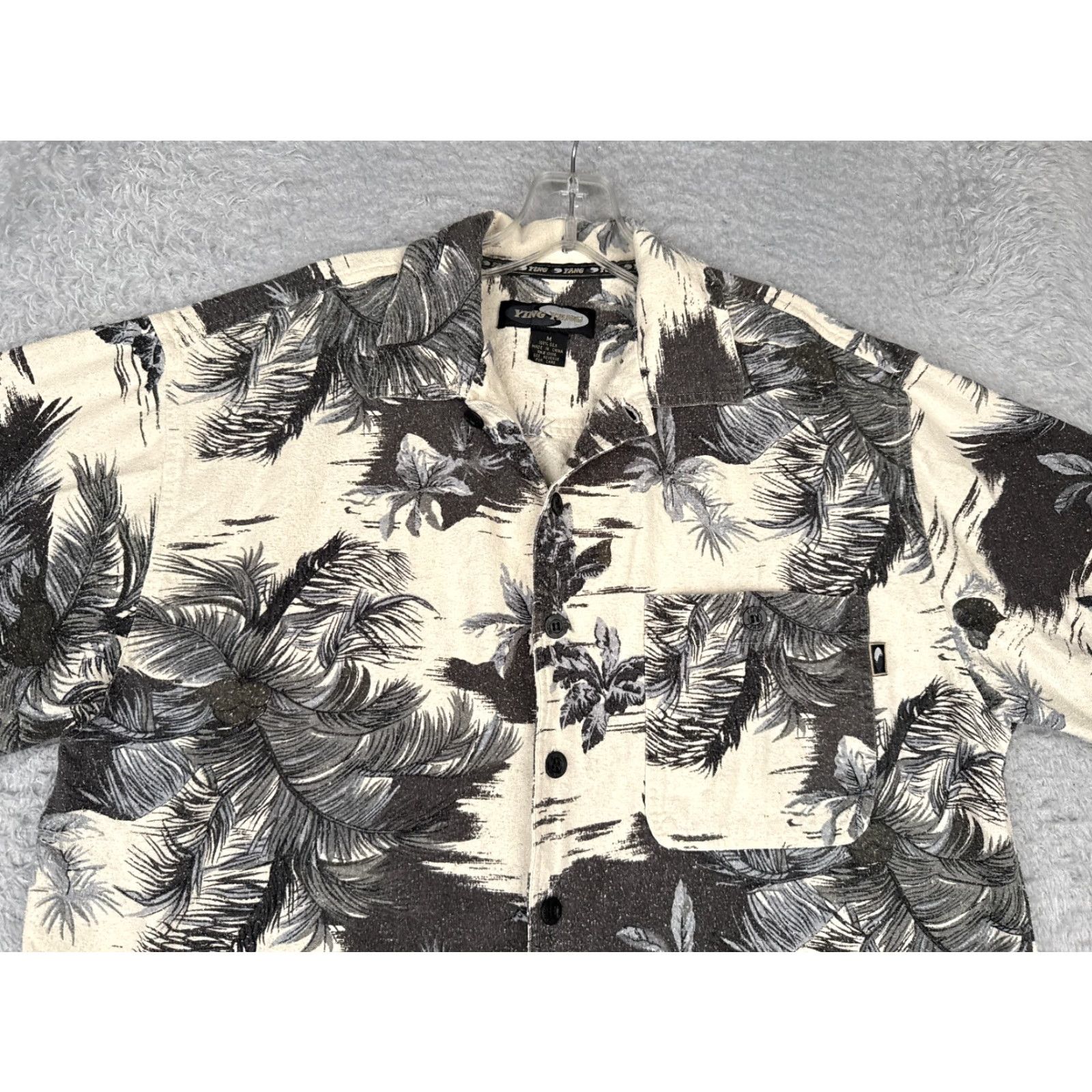 Vintage Ying Yang Men Silk Button-Up Shirt M Black Floral Palm Leaf 100% Silk Hawaiian Beach Resort Aloha Luau Vacation Summer 90s? Wait no. Size US M / EU 48-50 / 2 - 4 Thumbnail