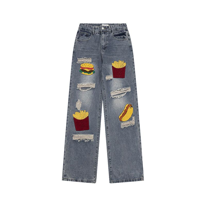 Jean Street-style retro burger fries embroidered ripped jeans Size US 32 / EU 48 - 1 Thumbnail