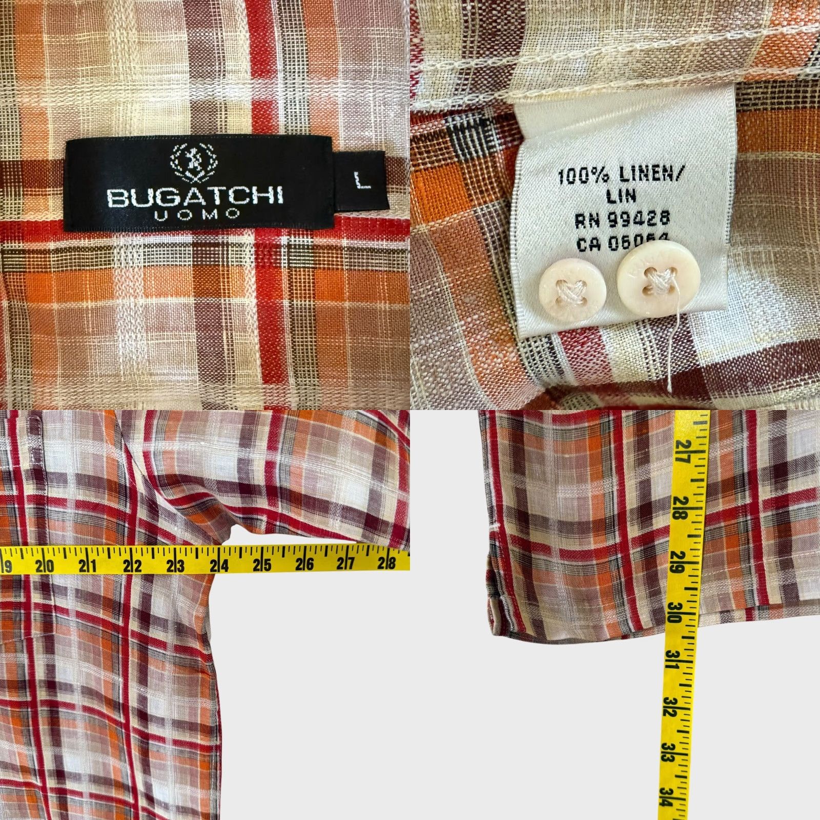BUGATCHI VINTAGE Bugatchi Plaid Linen Shirt Orange Adult Large Short Sleeve Button-Up Mens Size US L / EU 52-54 / 3 - 8 Thumbnail