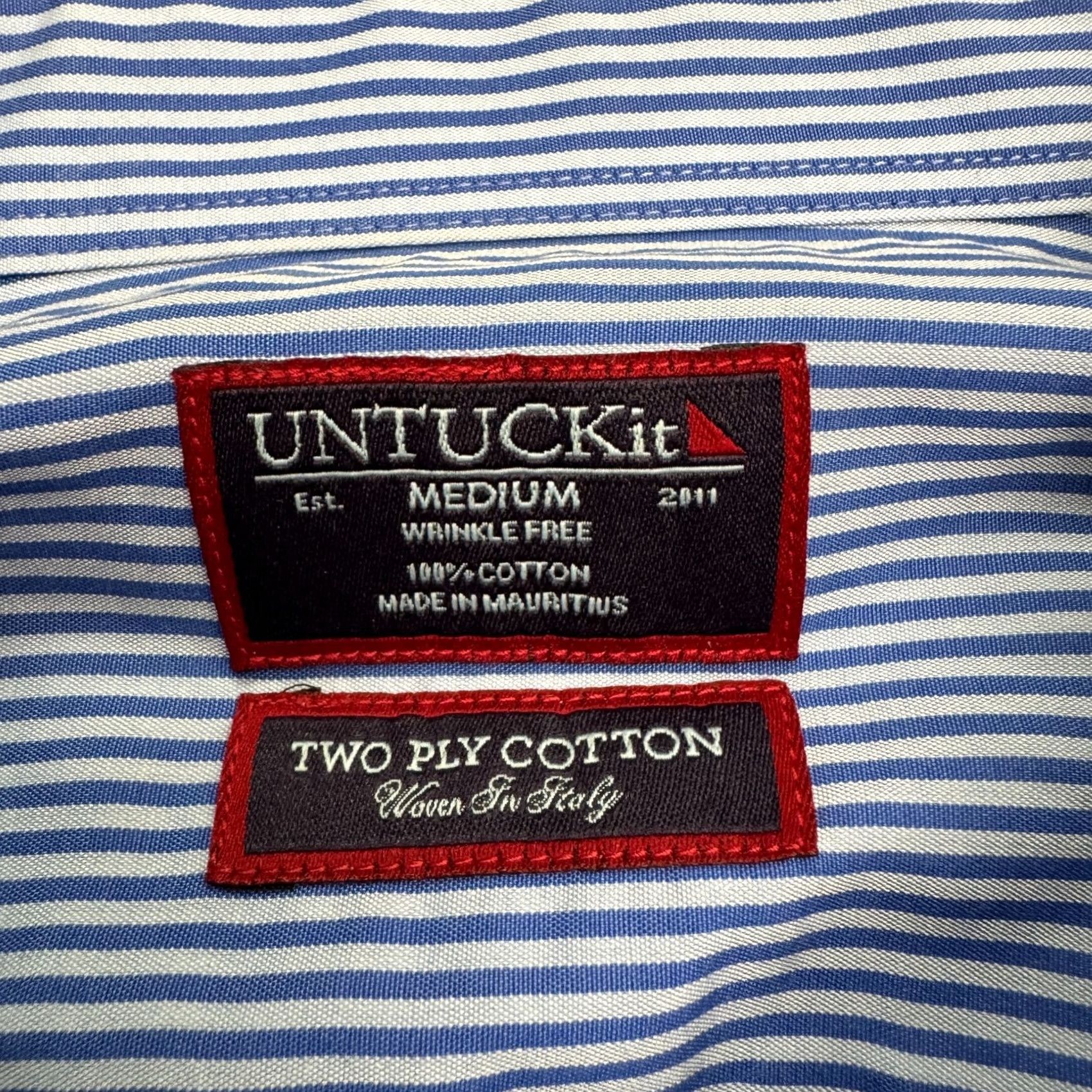 UNTUCKit Untuckit Dress Shirt Mens Medium Blue Striped Friulano Two Ply Cotton Woven NWOT Size 40R - 6 Thumbnail