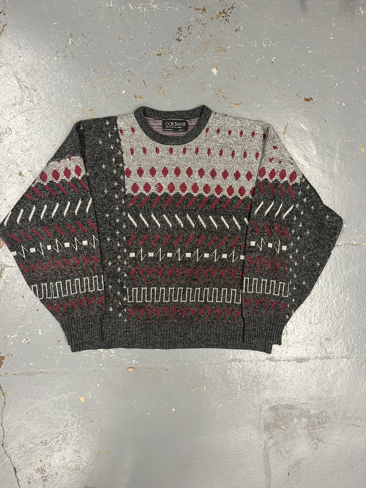Vintage CRazy Vintage 90s Grey Red Pullover Knit Sweatshirt Caldwell Size US XL / EU 56 / 4 - 1 Thumbnail