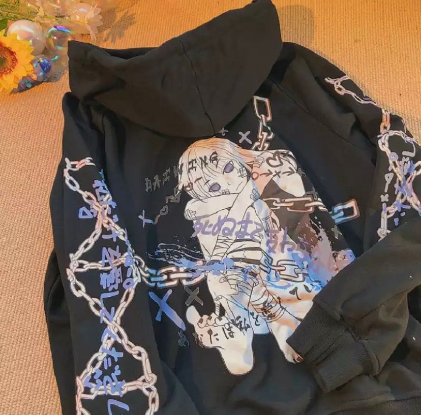 image of Anime Girl In Chains Oversized Black Hoodie, Men's (Size Medium)