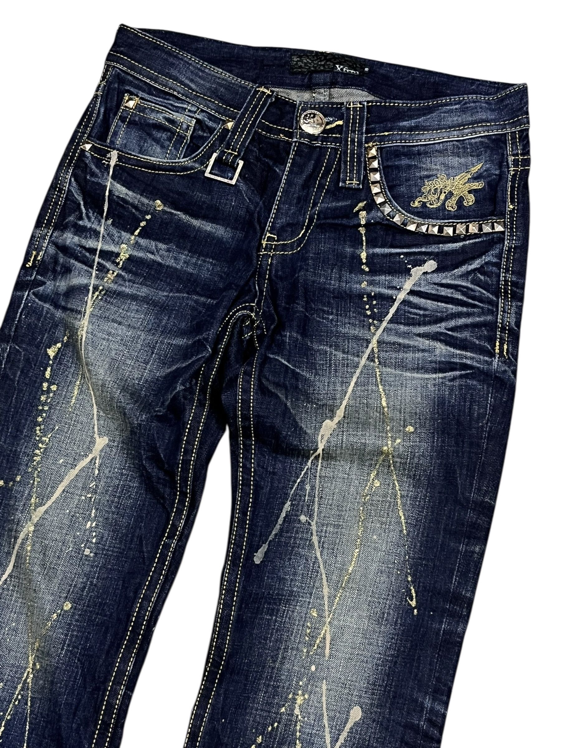 Japanese Brand 🔥RARE XFRM Gold Splatter Studded Flare Rockstar Denim Size US 27 - 7 Thumbnail