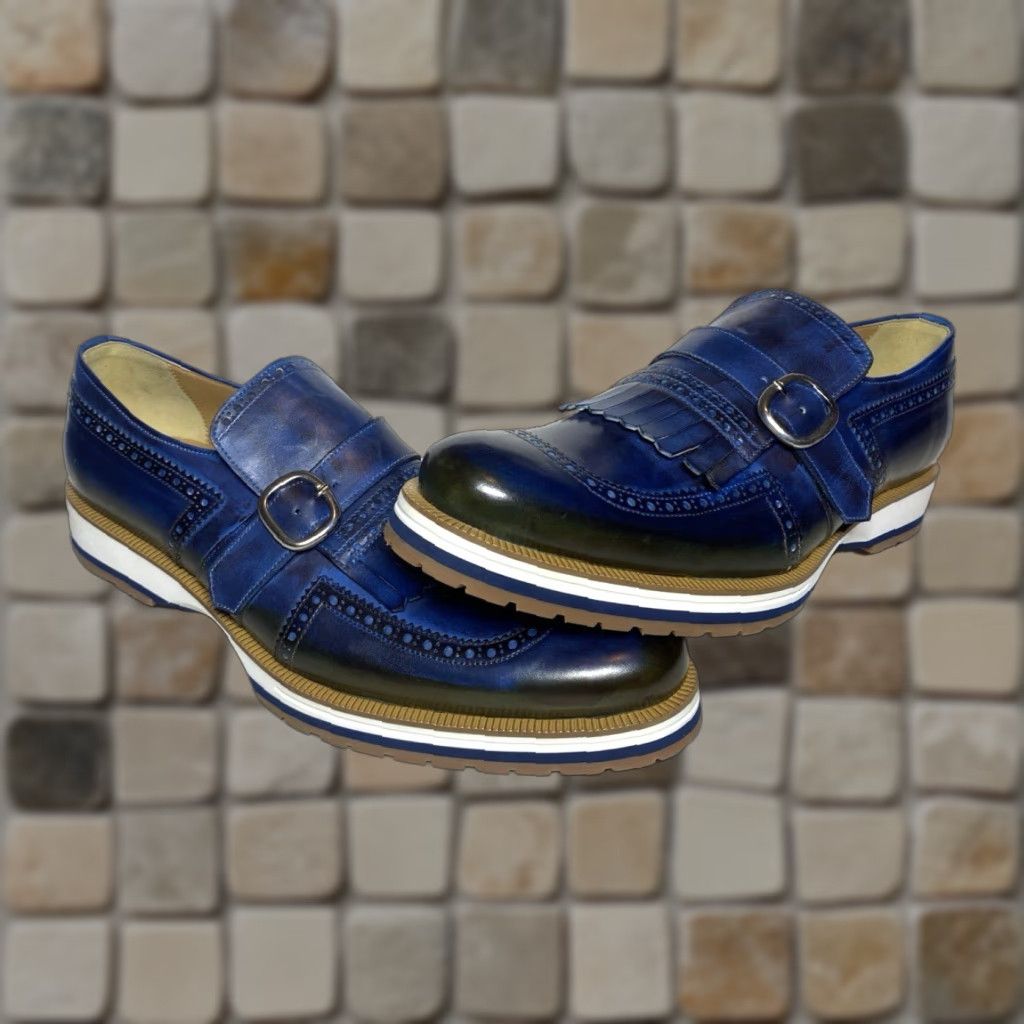 Vintage Francesco Benigno Canto de' Ricci Firenze Italy Monk Strap Loafers Mens Dress Leather Blue Sz 10 UK 10 US 11 New without box Size US 10 / EU 43 - 1 Thumbnail