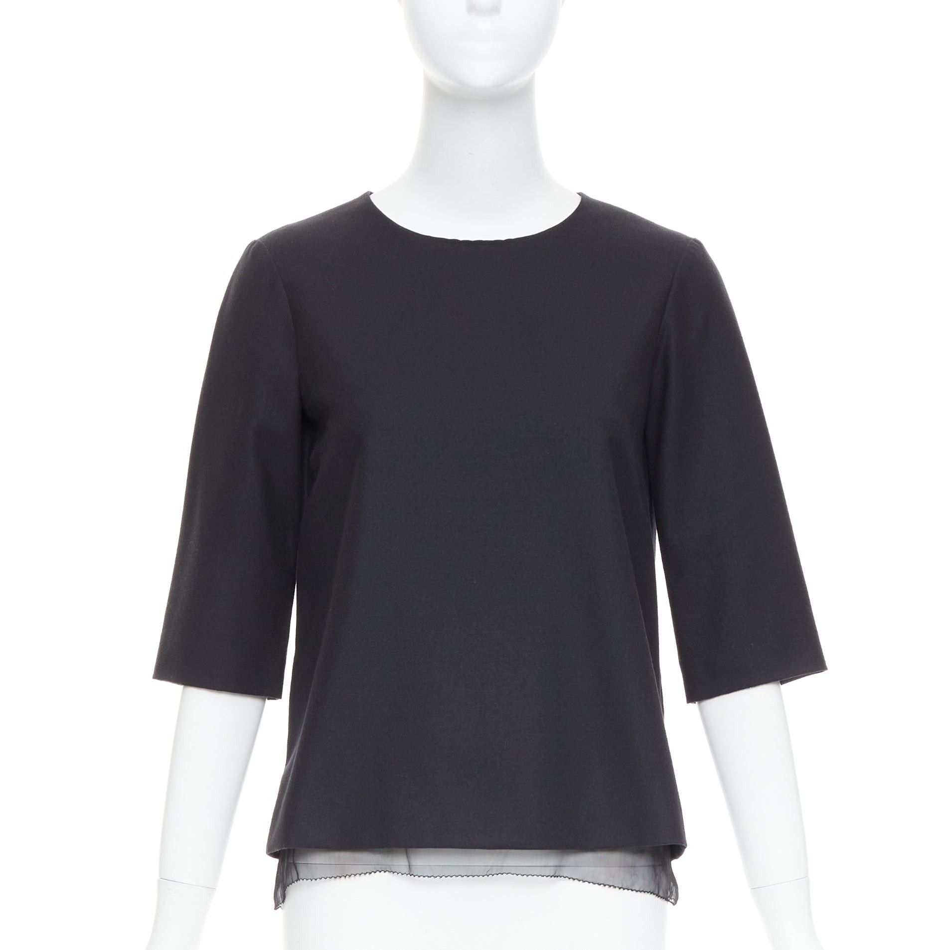 THE ROW black virgin wool silk sheer layer crew neck boxy top US0 XS