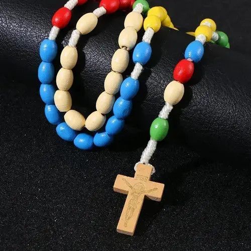 Jewelry Jesus Wooden Weave Colored Rosary Cross Pendant Necklace Size ONE SIZE - 4 Thumbnail