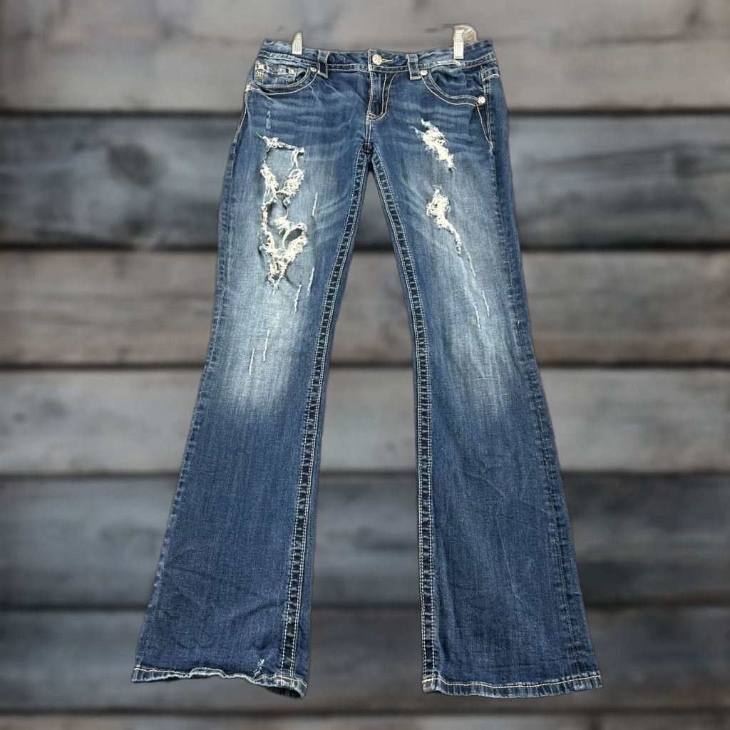 Miss Me Miss Me Jeans Womens 30x33 Blue Bootcut Dark Wash Distressed Rhinestone Sequin Embroidered Logo 5-Pocket Denim Cotton Blend Rock Western Vintage? No Size 30" / US 8 / IT 44 - 1 Thumbnail