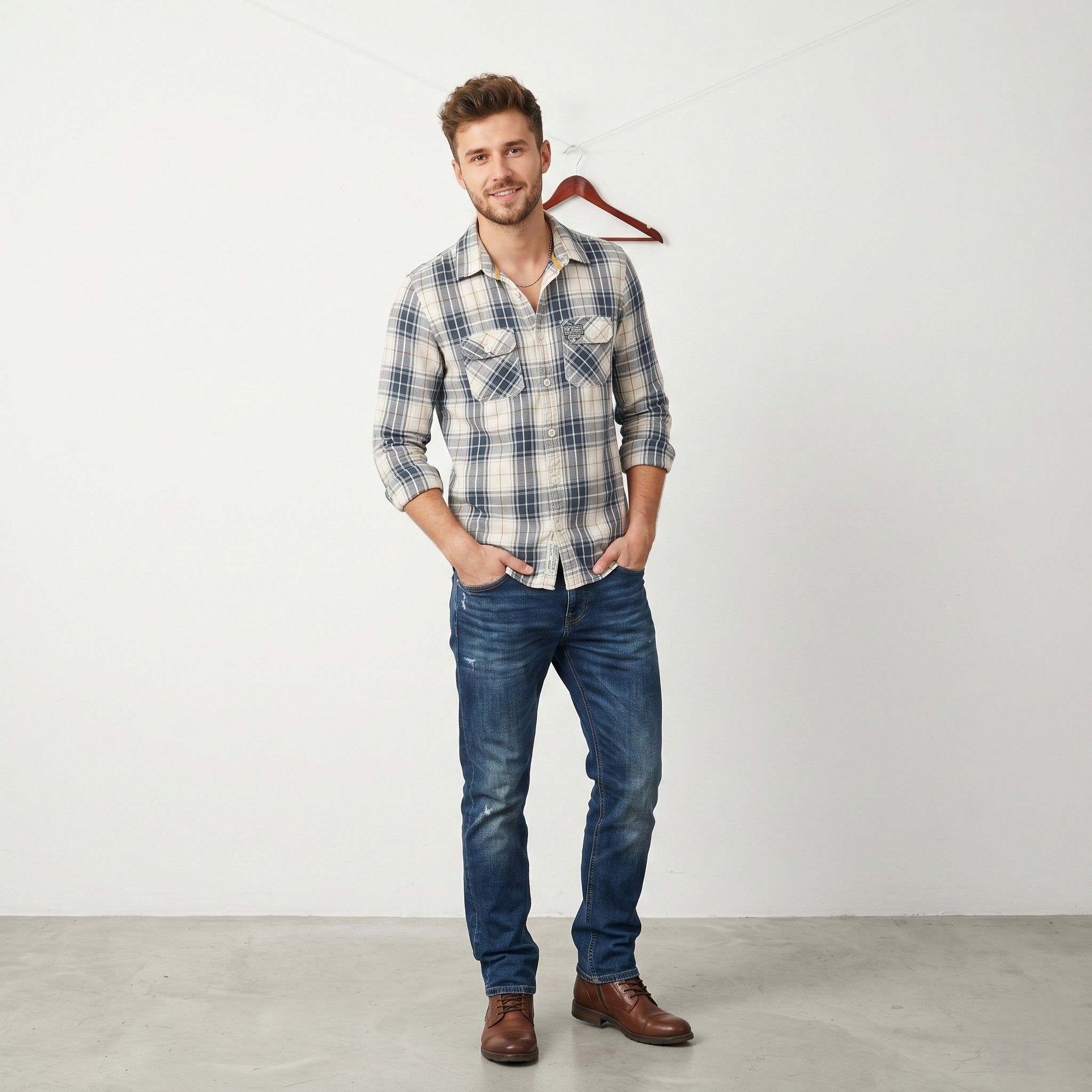 Superdry Superdry Men M Casual Shirt Beige Check 6354 Size US M / EU 48-50 / 2 - 1 Thumbnail