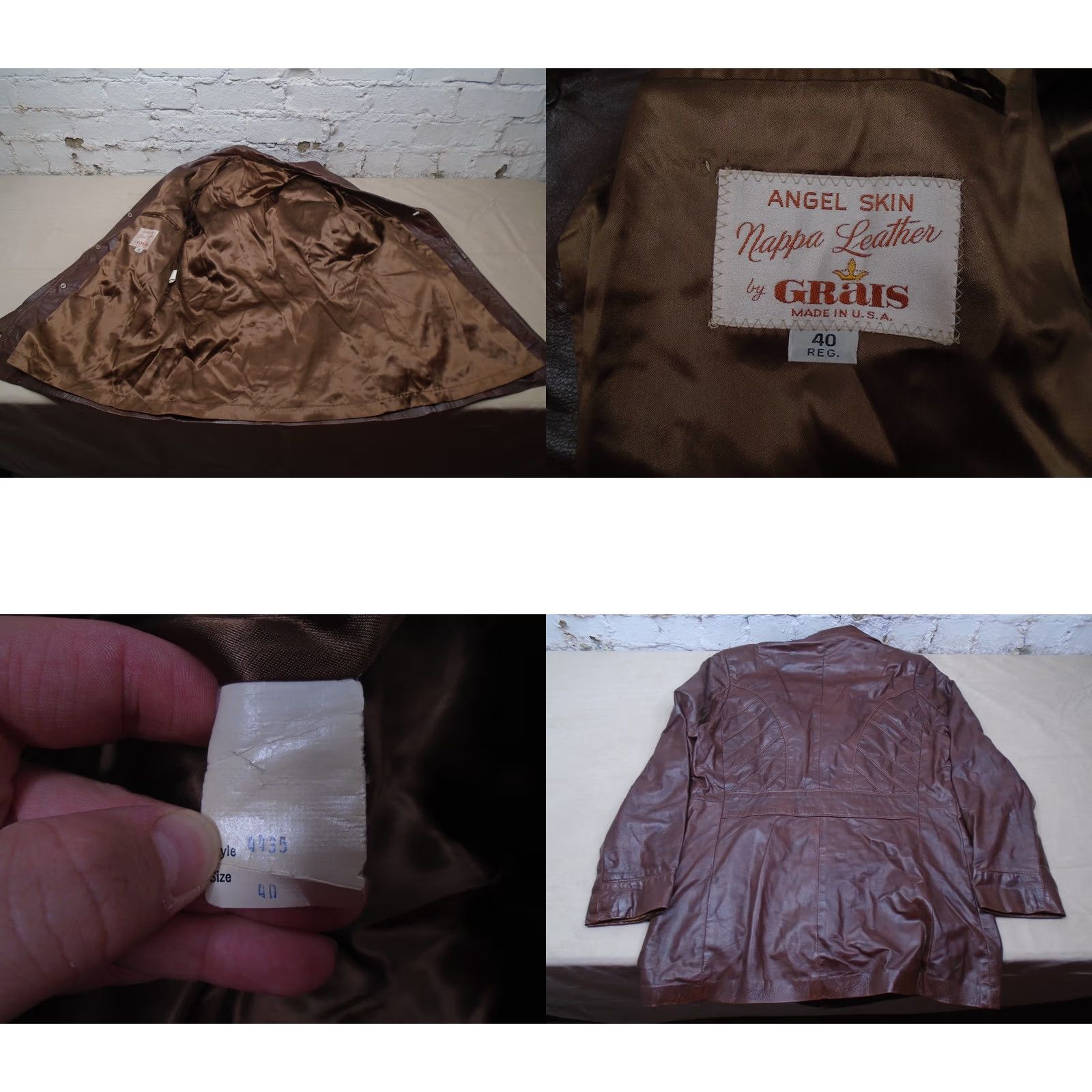 Skin VINTAGE Grais Jacket Leather Car Coat Mens 40 Regular Brown Button Casual Made USA Angel Skin Nappa Size US XXS / EU 40 - 8 Thumbnail