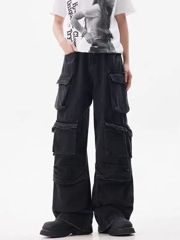 Japanese Brand VIBE Multi-Pocket Design Street Black Wide Leg Jeans Size US 34 / EU 50 - 2 Thumbnail