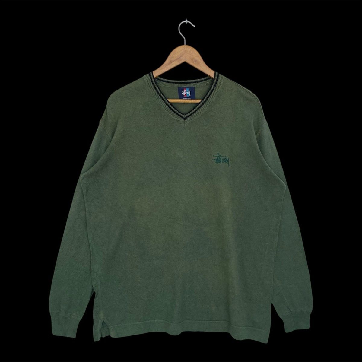 Stussy Vintage 90s Stussy Sport V-Neck Knit Sweater Forest Green Size US S / EU 44-46 / 1 - 1 Thumbnail