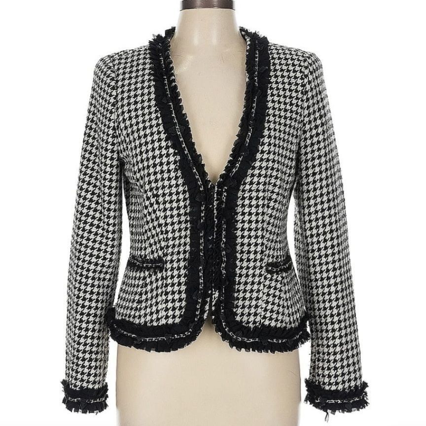 White House Black Market WHBM Womens Wool Blend Houndstooth Blazer Sz 2 Ruffle Chain Size XS / US 0-2 / IT 36-38 - 2 Thumbnail