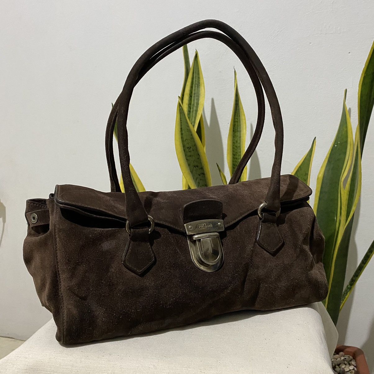 image of Vintage Prada Suede Shoulder Bag Fw 1999 in Brown, Women's