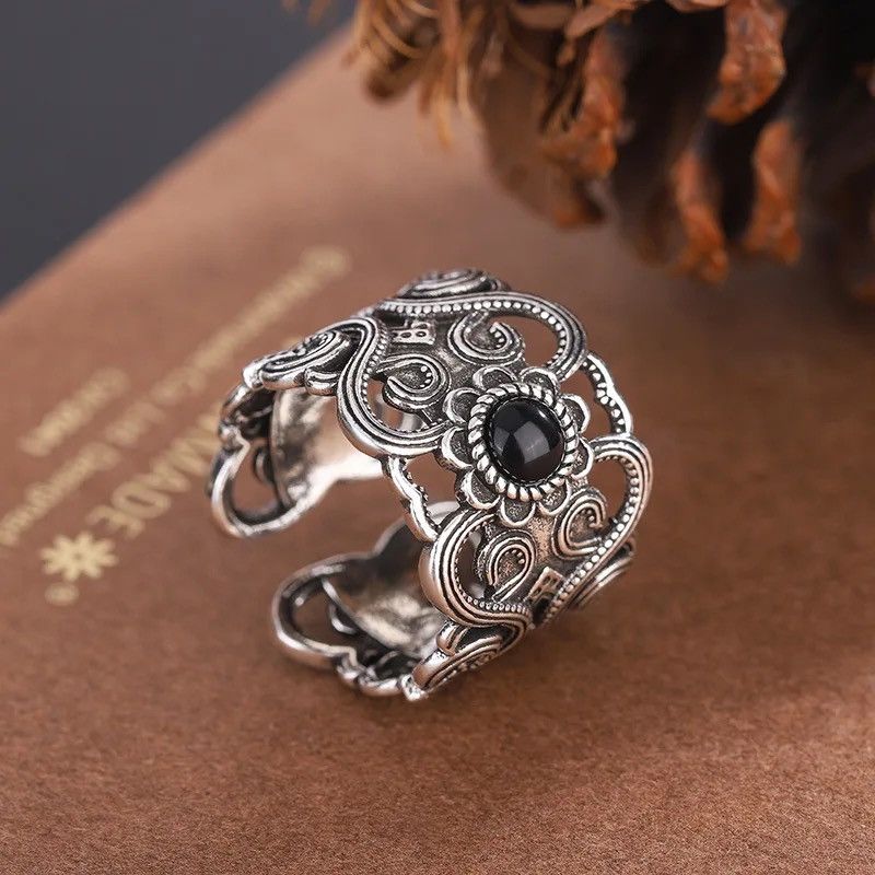 Jewelry × Vintage Vintage Black Zircon Hollow Flower Wide Cuff Finger Rings Size ONE SIZE - 4 Thumbnail