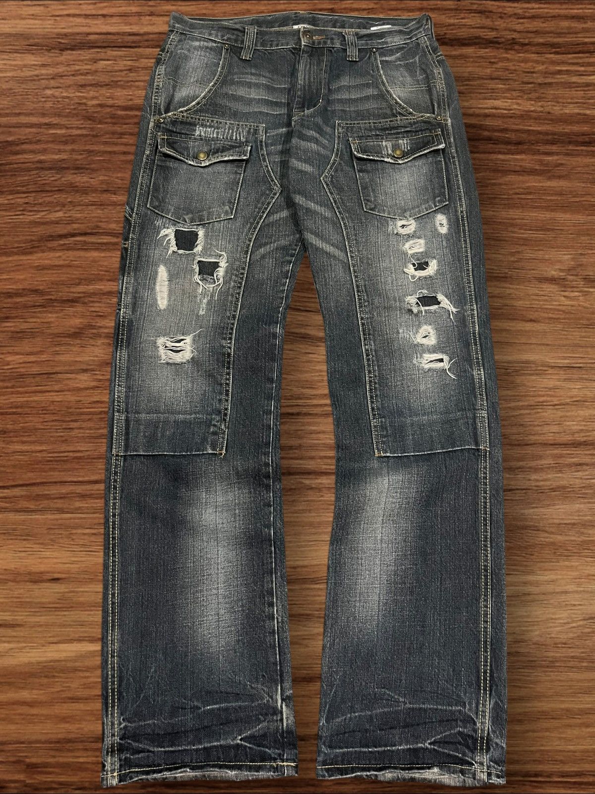 Japanese Brand × Le Grande Bleu (L.G.B.) × Tornado Mart Vintage Japanese Double Knee Multi Pocket Distressed Jeans Size US 31 - 1 Thumbnail