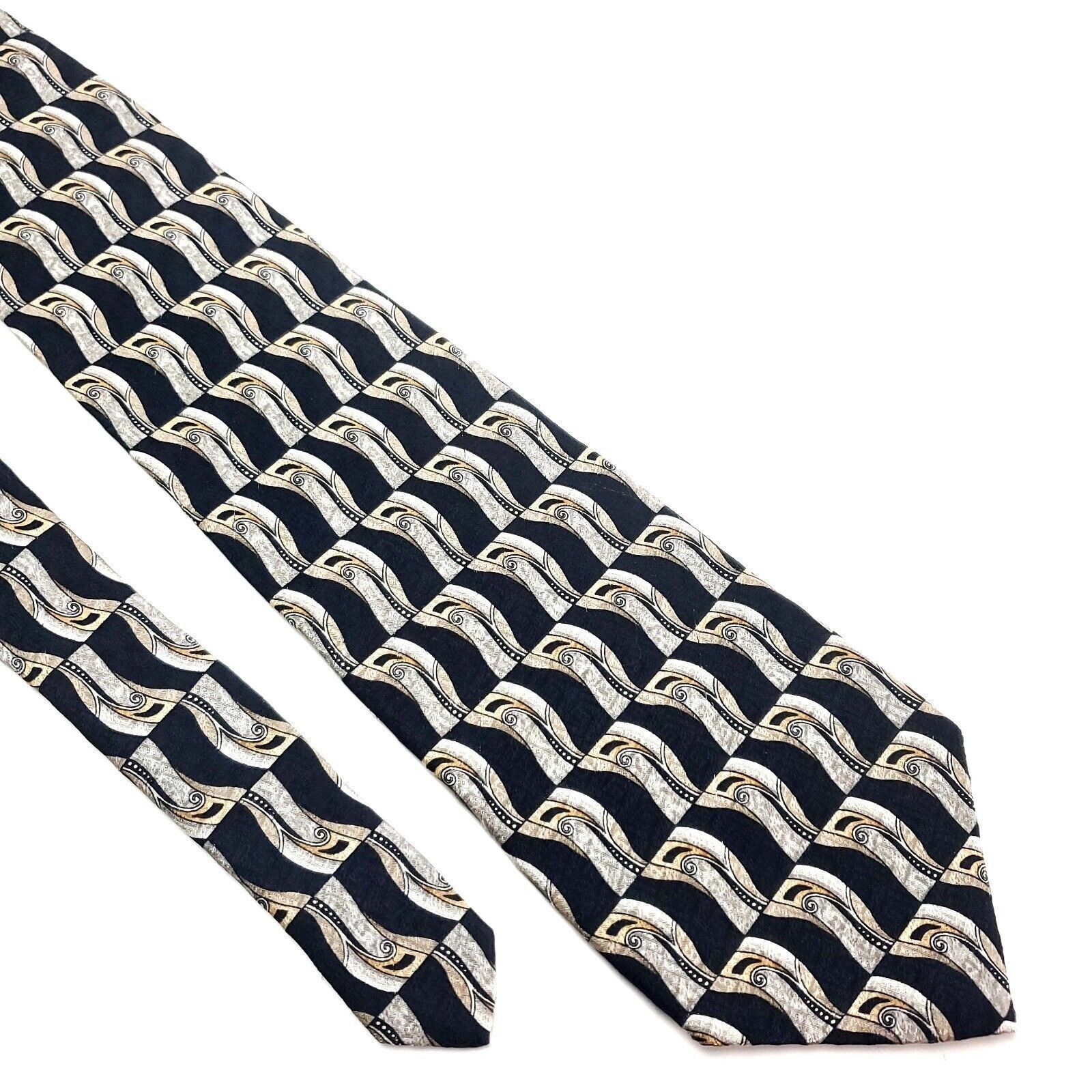 Pierre Cardin Pierre Cardin Silk Tie Print Black Tan Geometric Wide Size ONE SIZE - 1 Thumbnail
