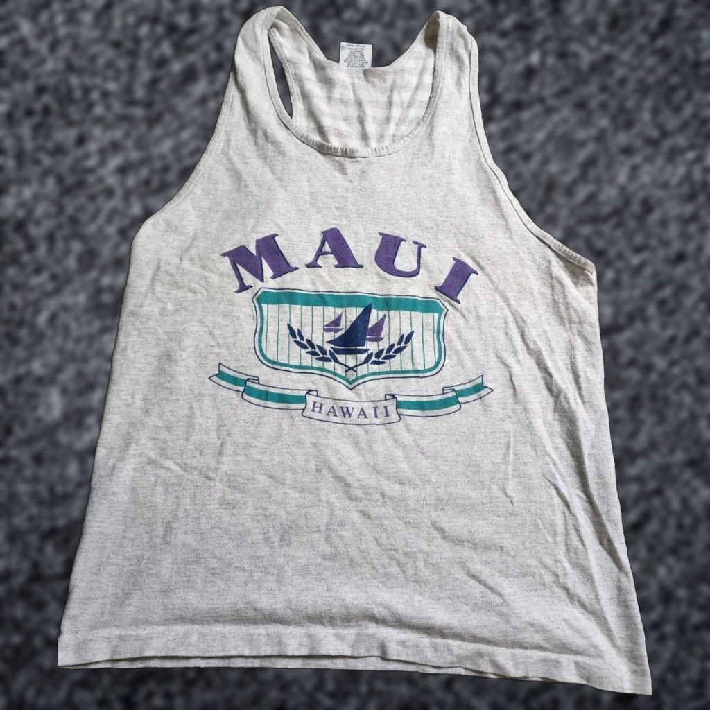 Vintage VINTAGE Gear for Sports Maui Hawaii Tank Top Unisex 1980s L Gray Sleeveless Graphic Tee Sportswear/Beach Mens Ladies Size US L / EU 52-54 / 3 - 1 Thumbnail