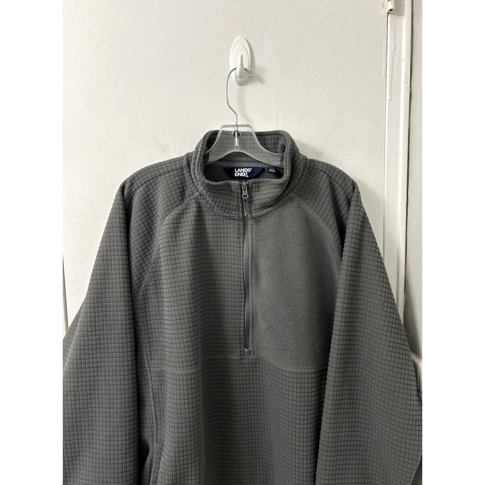 Lands' End Lands' End Mens XL Fleece Pullover 1/4 Zip Grid Knit Mock Neck Jacket L/S Gray Wool? Size US XL / EU 56 / 4 - 2 Thumbnail