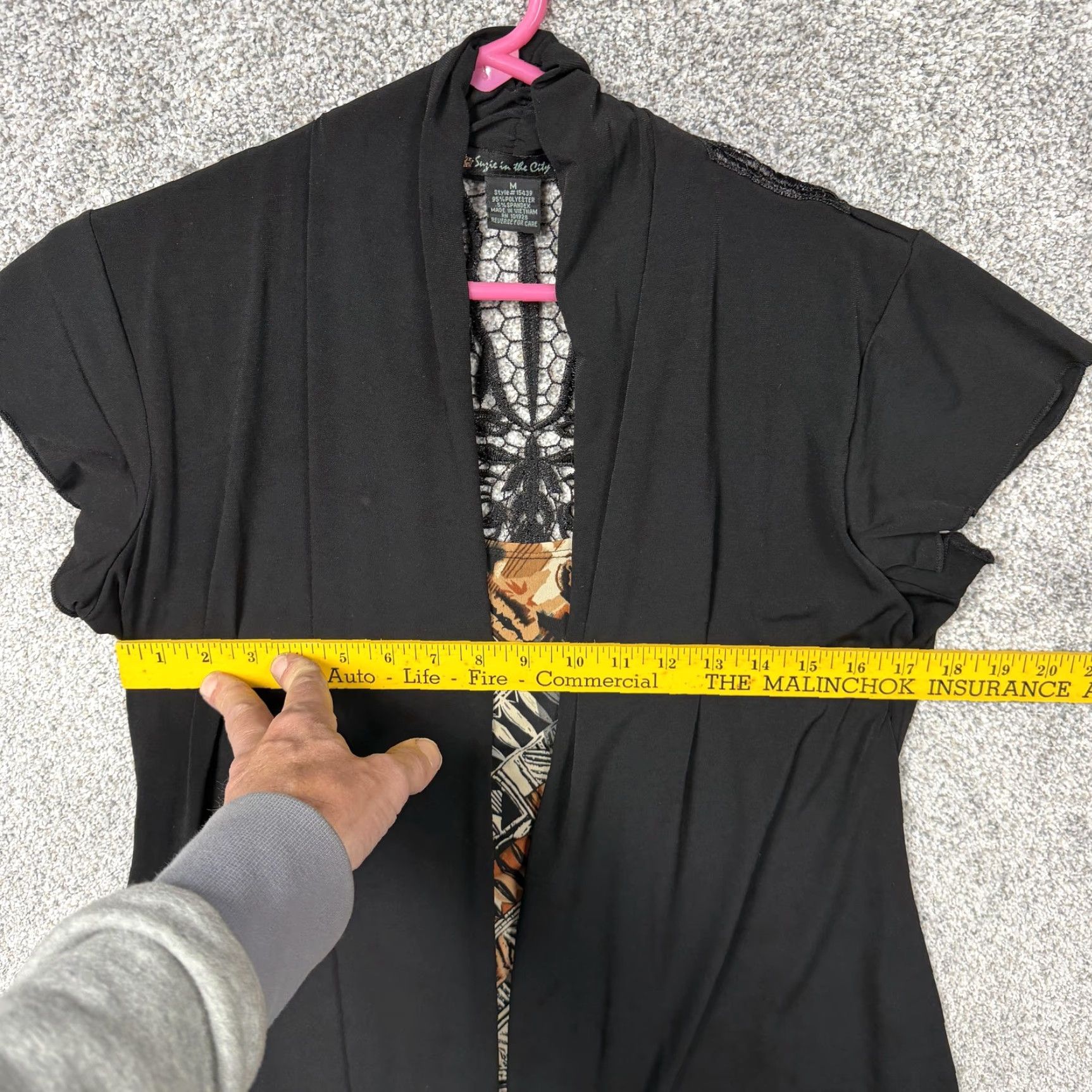 Vintage Suzie in the City Cardigan M Women Black Tunic Blouse Lightweight Knit Crochet Lace Geometric Print Open Front Sleeve Short Relaxed Vintage No Mkuu? Size M / US 6-8 / IT 42-44 - 3 Thumbnail