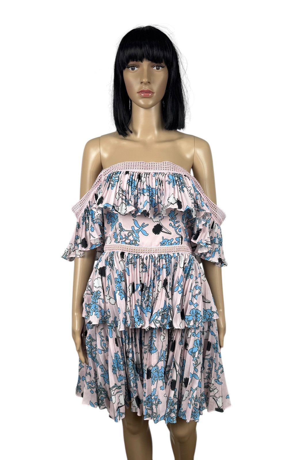 Self-Portrait Pleated Off-the-Shoulder Floral Mini Dress