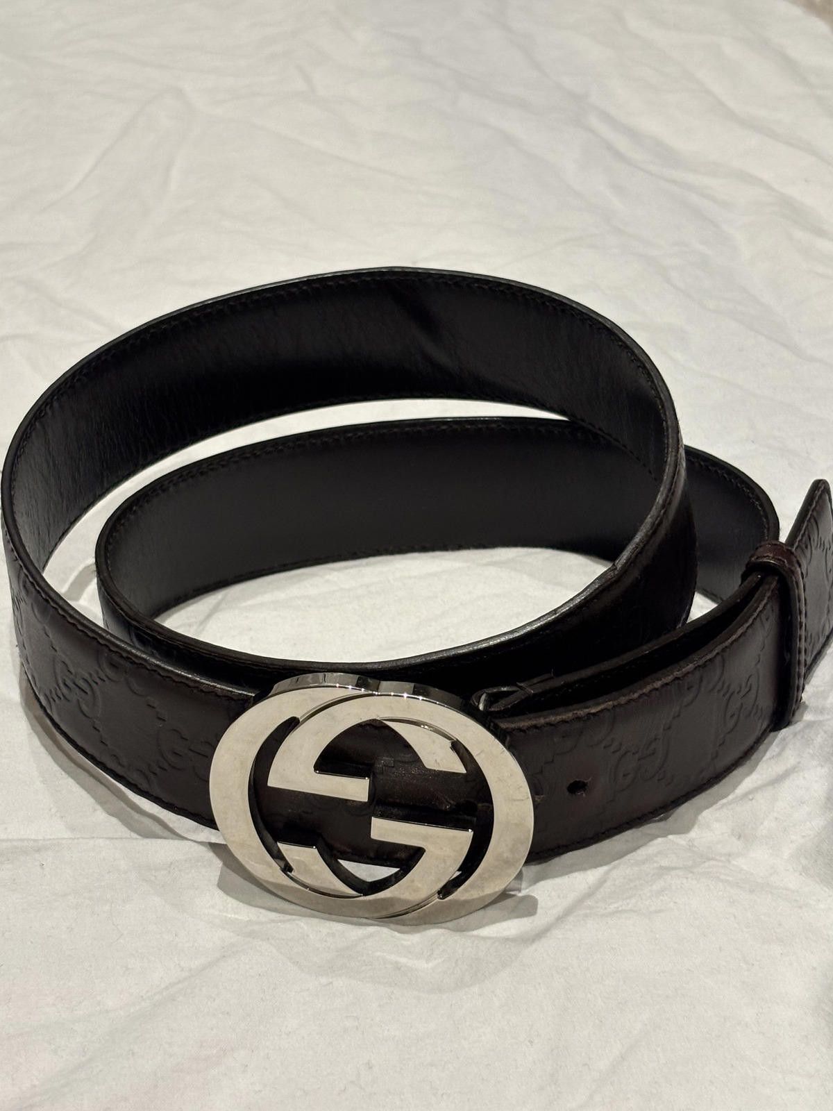 Gucci Gucci - Brown Leather Belt with Silver Interlocking G Buckle Size ONE SIZE - 2 Thumbnail