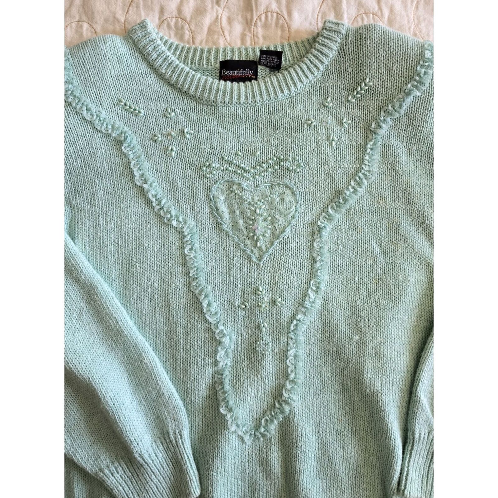 Vintage VINTAGE 80s Mint Green Beaded Heart Sweater Womens Medium Cottagecore Grandmacore Green 1980s Kitsch Teacher 1980s 1990s Size M / US 6-8 / IT 42-44 - 5 Thumbnail