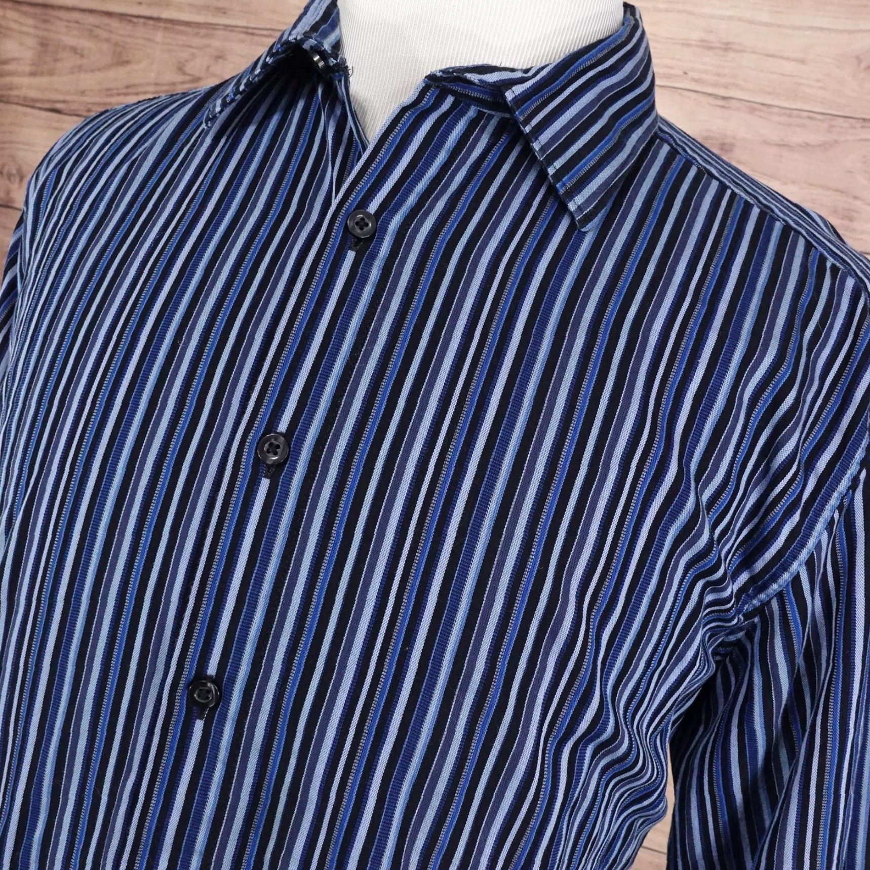 Liz Claiborne Claiborne Shirt Mens XL Blue Black Stripe Button Front Long Sleeve Casual Size US XL / EU 56 / 4 - 2 Thumbnail