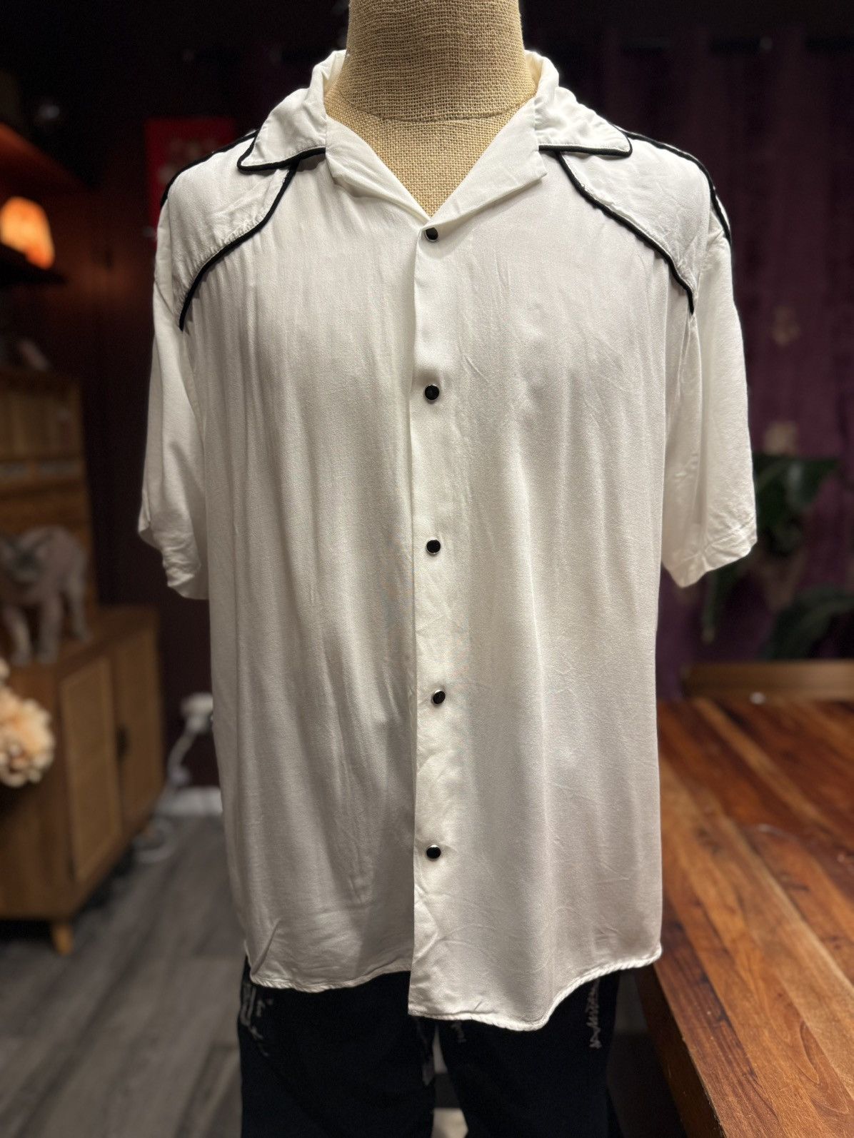 Asos Silky White Retro Button-Up Shirt with Black Piping Size US L / EU 52-54 / 3 - 2 Thumbnail