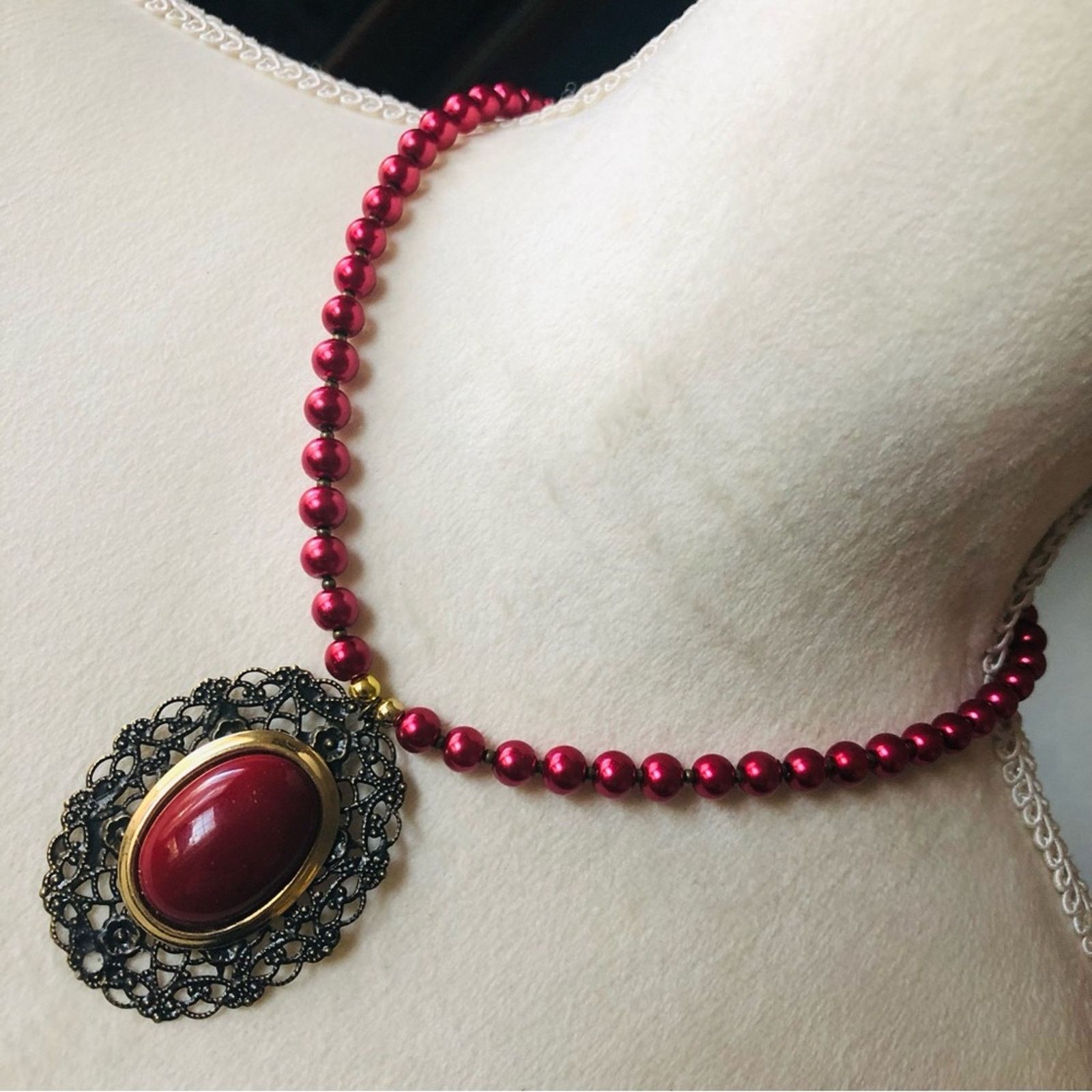 Handmade Handcrafted repurpose red cabochon filigree Pearl necklace Size ONE SIZE - 1 Thumbnail