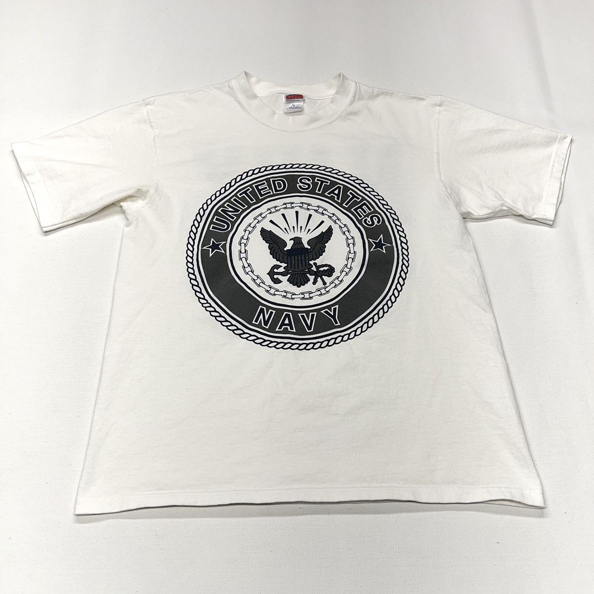 Vintage Navy Tee Shirt White Double Sided Reflective Logo Military Size US M / EU 48-50 / 2 - 1 Thumbnail