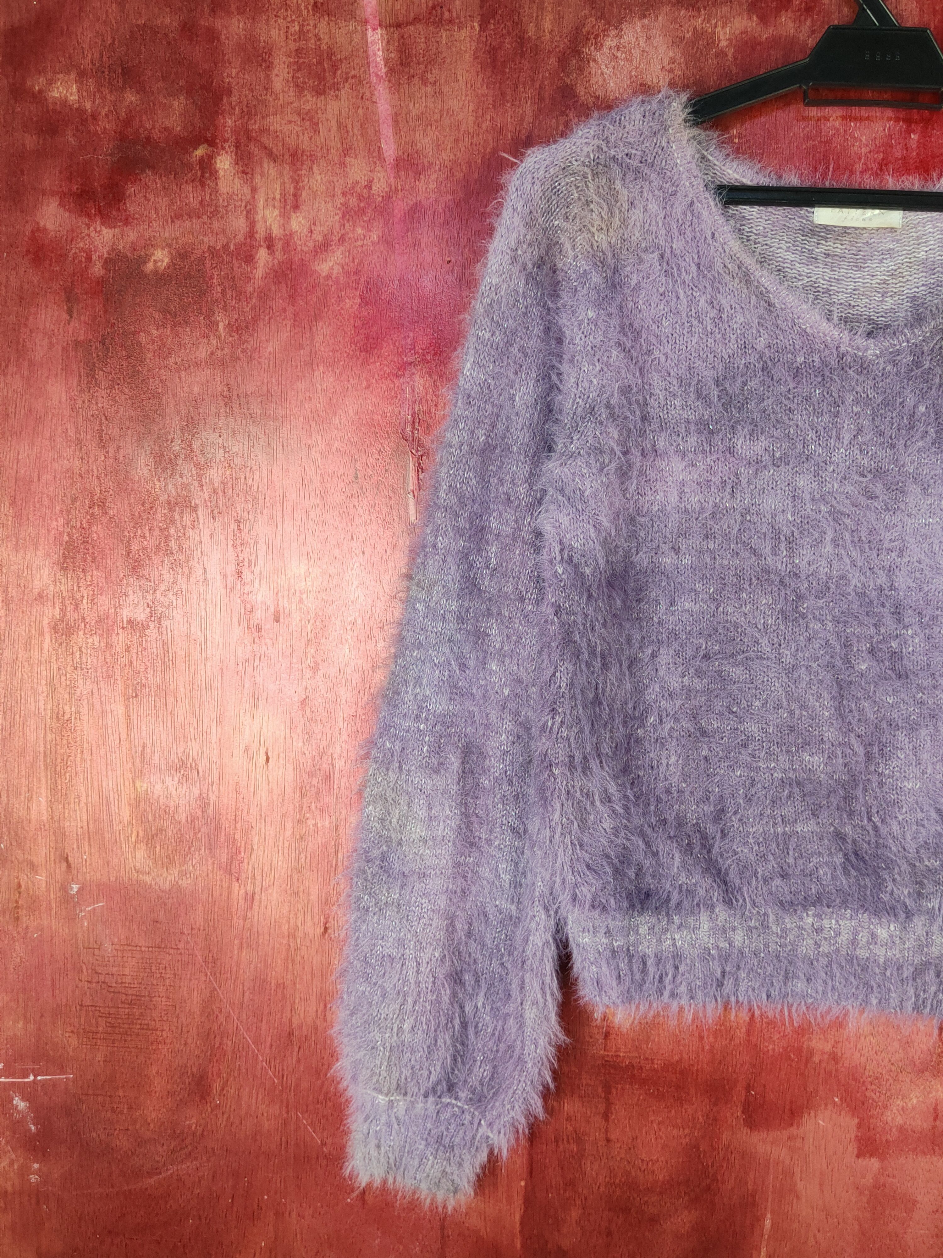 Homespun Knitwear Pattern Fiona Purple faded Shaggy Fur Mohair Knitwear #S2276 Size S / US 4 / IT 40 - 3 Thumbnail