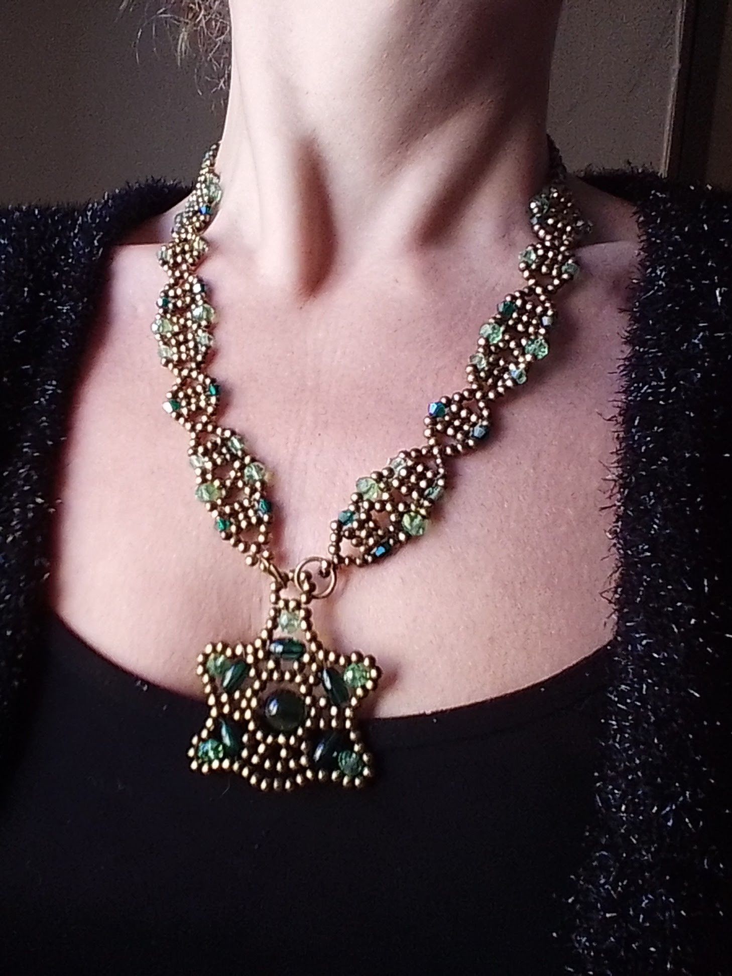 Handmade Necklace Antique Beads Green Crystals Pendant Unique Size ONE SIZE - 4 Thumbnail