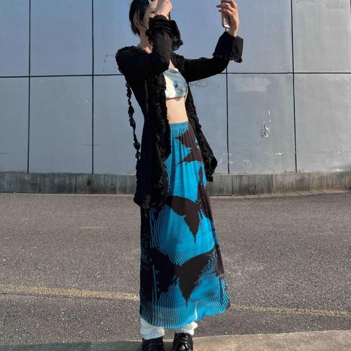 Other Blue Abstract Art Mesh Skirt Size 34" / US 12 / IT 48 - 6 Thumbnail