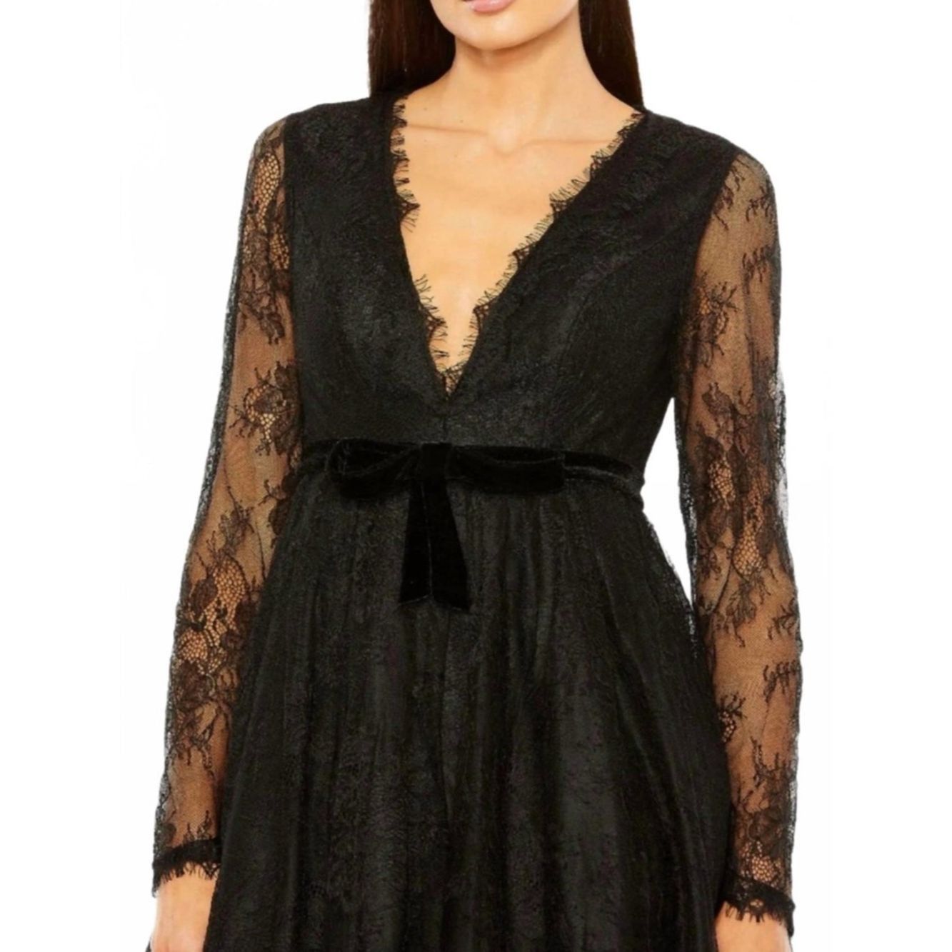 Mac Duggal Mac Duggal Black Lace Long Sleeve Mini Dress A-Line V-Neck Size M / US 6-8 / IT 42-44 - 3 Thumbnail