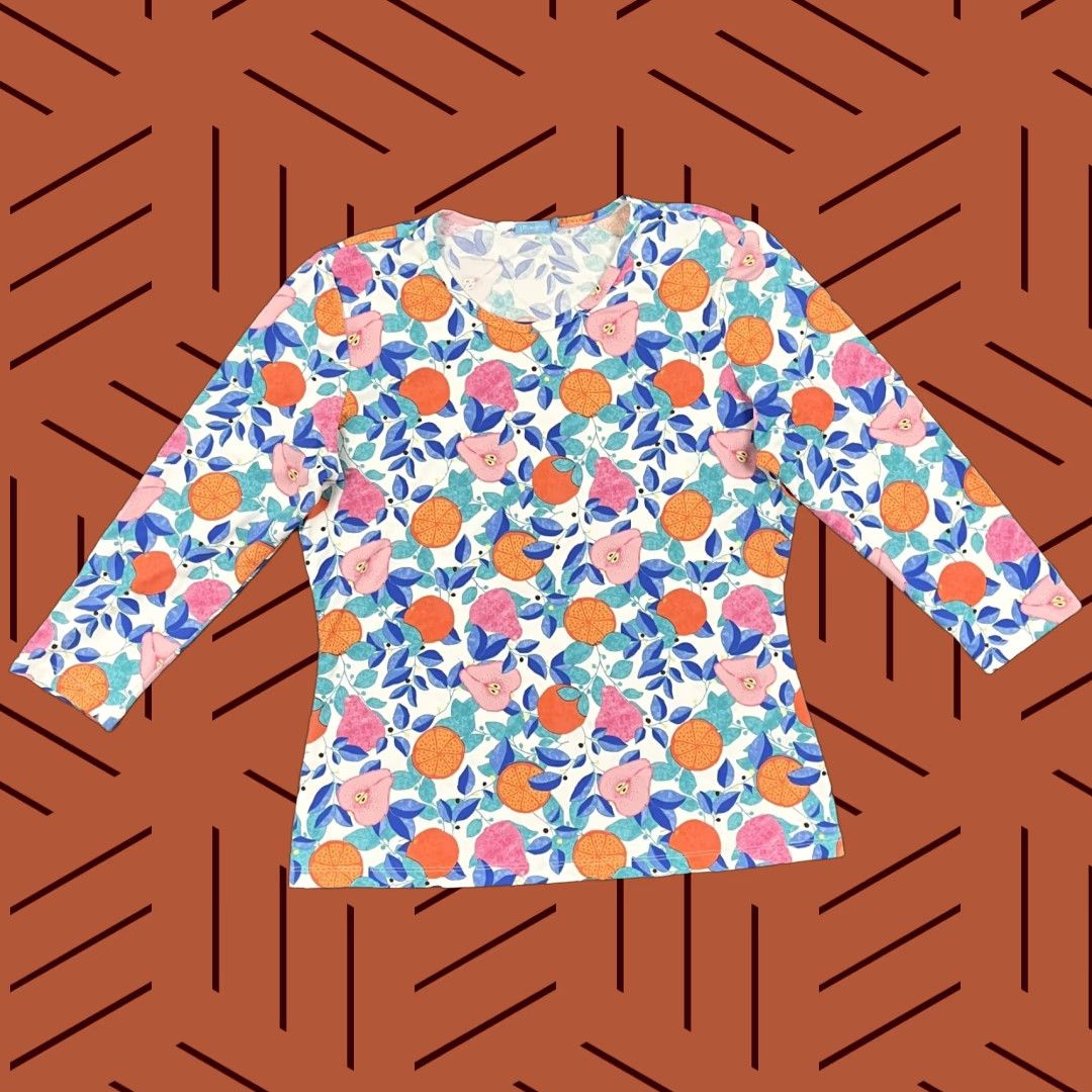 J.McLaughlin J. McLaughlin Blouse Top Womens Large Orange Pear Fruit Stretch 3/4 Sleeve Shirt Size L / US 10 / IT 46 - 1 Thumbnail