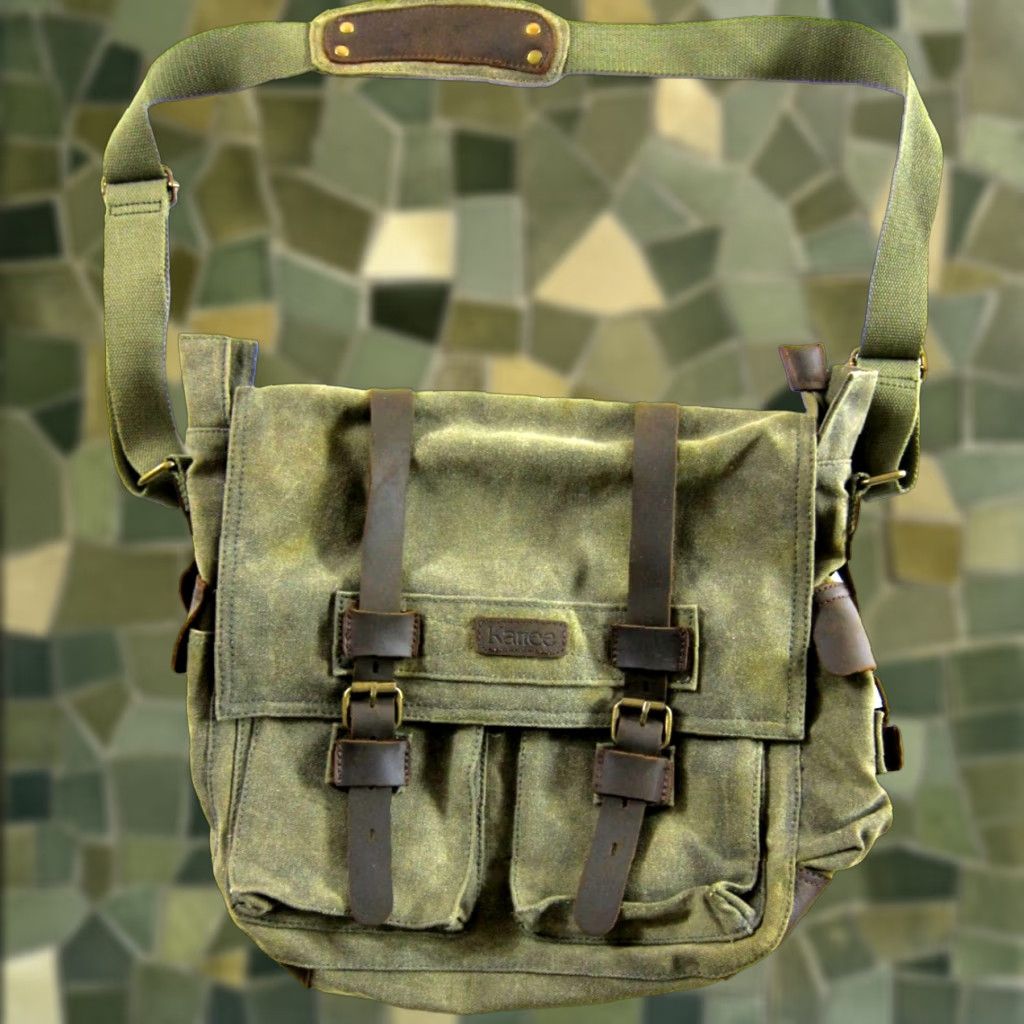 Vintage Kattee Canvas Leather Trim Zippered Camera Messenger Shoulder Bag Green Brown Size ONE SIZE - 1 Thumbnail
