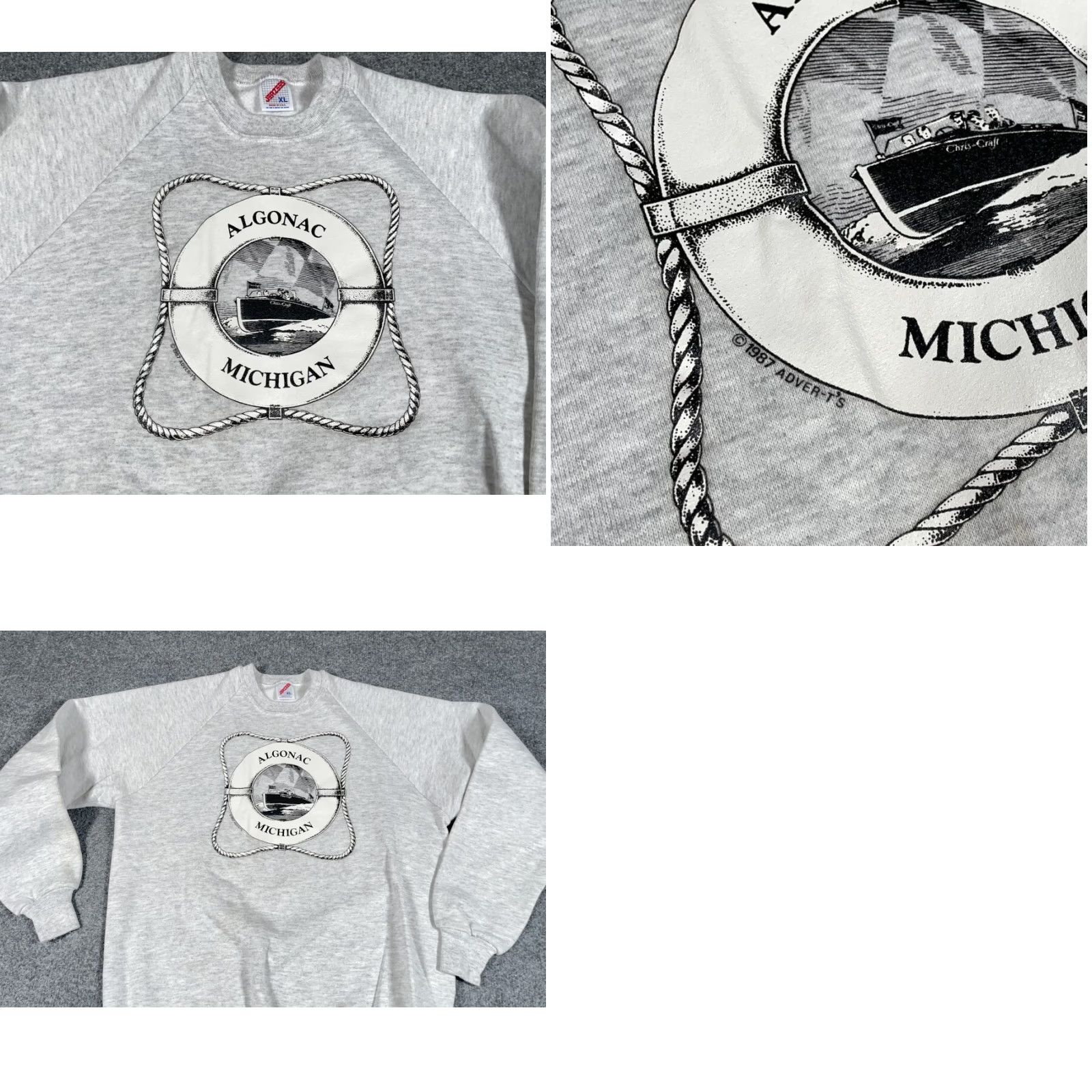 Jerzees VTG 80s Algonac Michigan Boat Print Sweatshirt Jerzees Mens Adult Medium XL Tag Knit Raglan Crew Neck Lightweight Graphic Print Vintage USA Made Gray Size US M / EU 48-50 / 2 - 8 Thumbnail