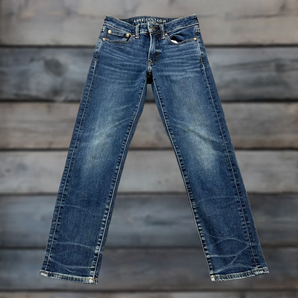 American Eagle Outfitters American Eagle Jeans Mens Slim 26x28 Blue Dark Wash Straight Leg 5-Pocket Denim Cotton Slim Fit Cowboy Logo Distressed Vintage: No Mens Size US 26 / EU 42 - 1 Thumbnail