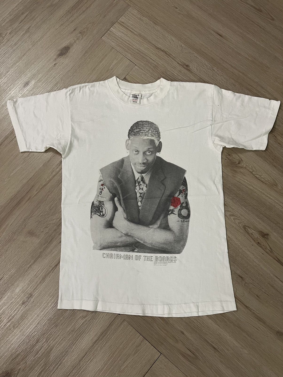 image of NBA x Rap Tees Vintage Dennis Rodman 1996 Shirt in White, Men's (Size Medium)