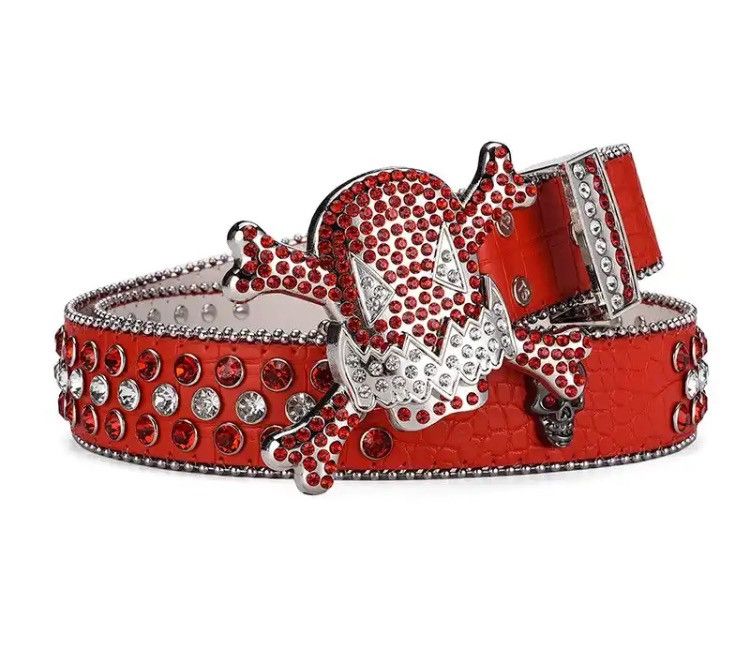image of Skull Head Buckle Rhinestone Pu Leather Belt in Red, Men's