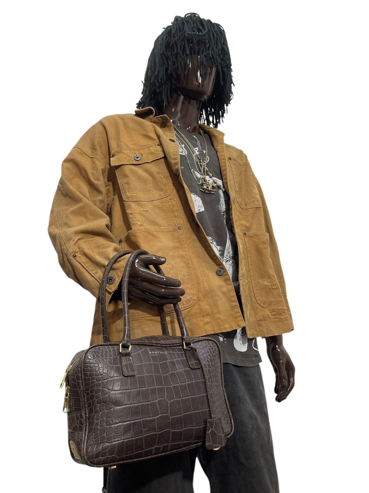 Genuine Leather Crocodile Embossed Cowhide A.D.M.J Japan Hand Bag 1🟩2 Size ONE SIZE - 2 Thumbnail