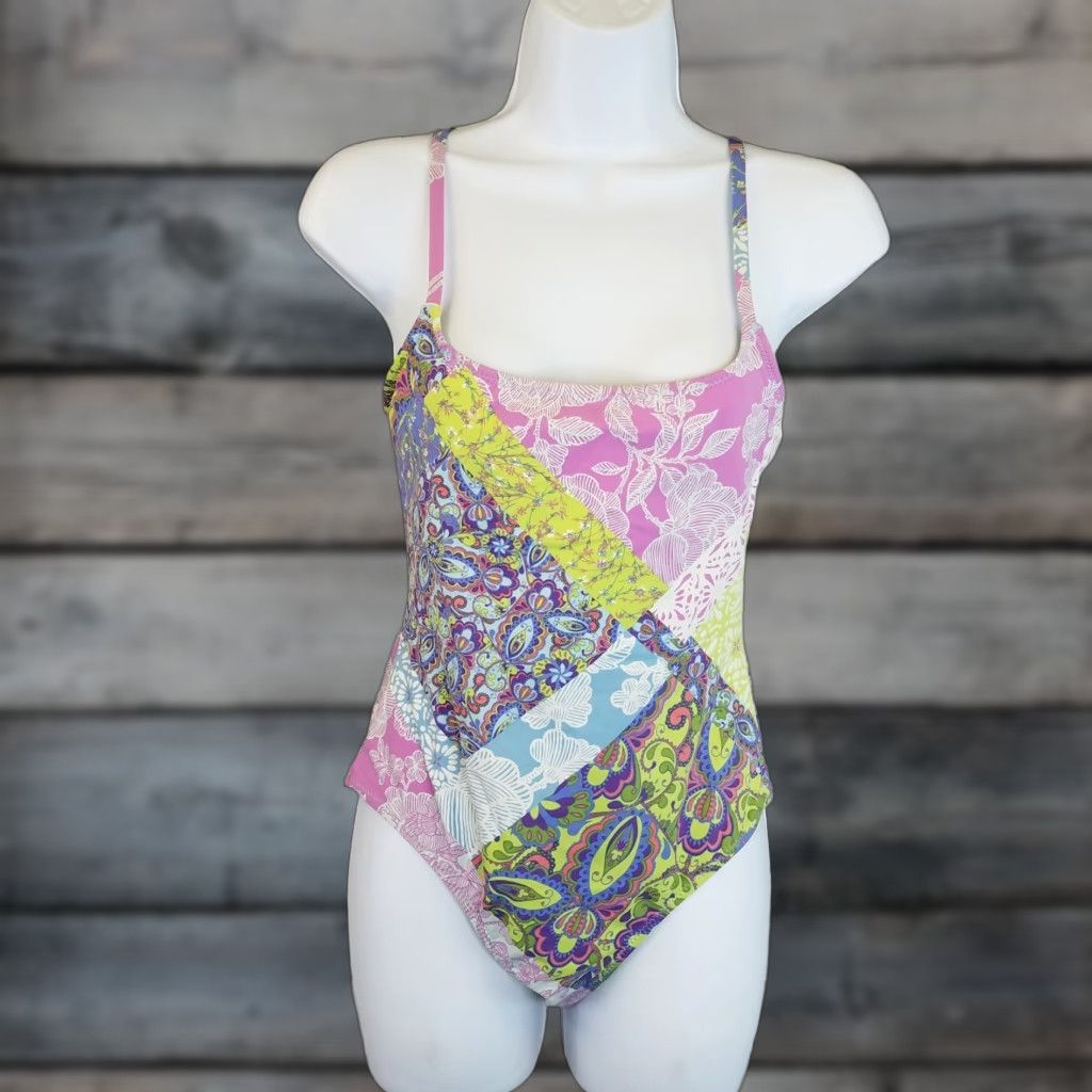 Vintage Garnet Hill Womens One Piece Swimsuit Sz 4 Pink Green Patchwork Floral Size ONE SIZE - 1 Thumbnail