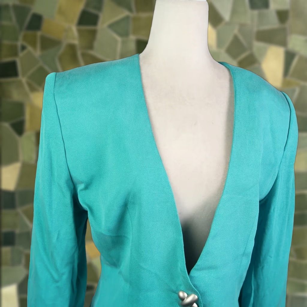 VINTAGE 80s Aqua Blue Silk Blazer Jacket Longline Collarless L Women