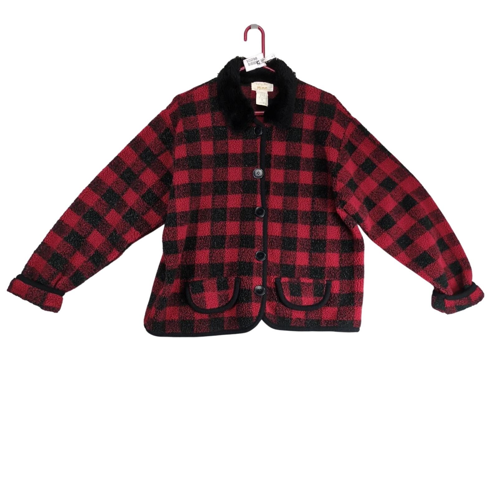 Vintage Tally-Ho Buffalo Plaid Fleece Jacket Women's Faux Fur Collar Size L / US 10 / IT 46 - 1 Thumbnail