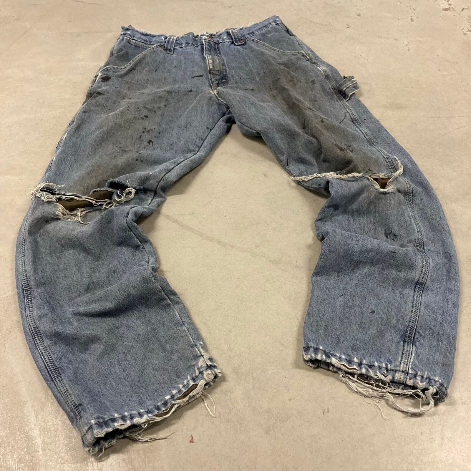 Vintage × Wrangler thrashed flannel lined wrangler carpenter cargo jeans 29x30 Size US 29 - 1 Thumbnail