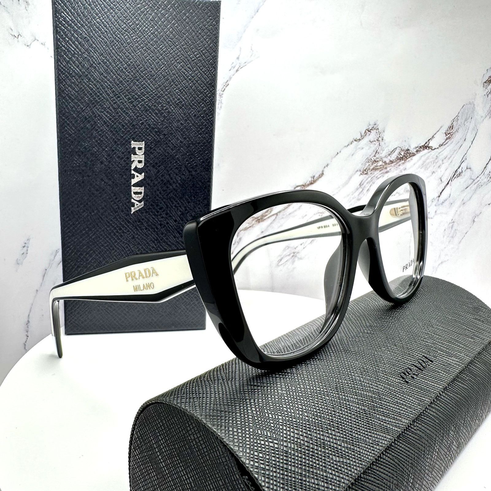 Prada New PRADA Eyeglasses Cat Eye Black White Gold 53-17-140 Size ONE SIZE - 1 Thumbnail