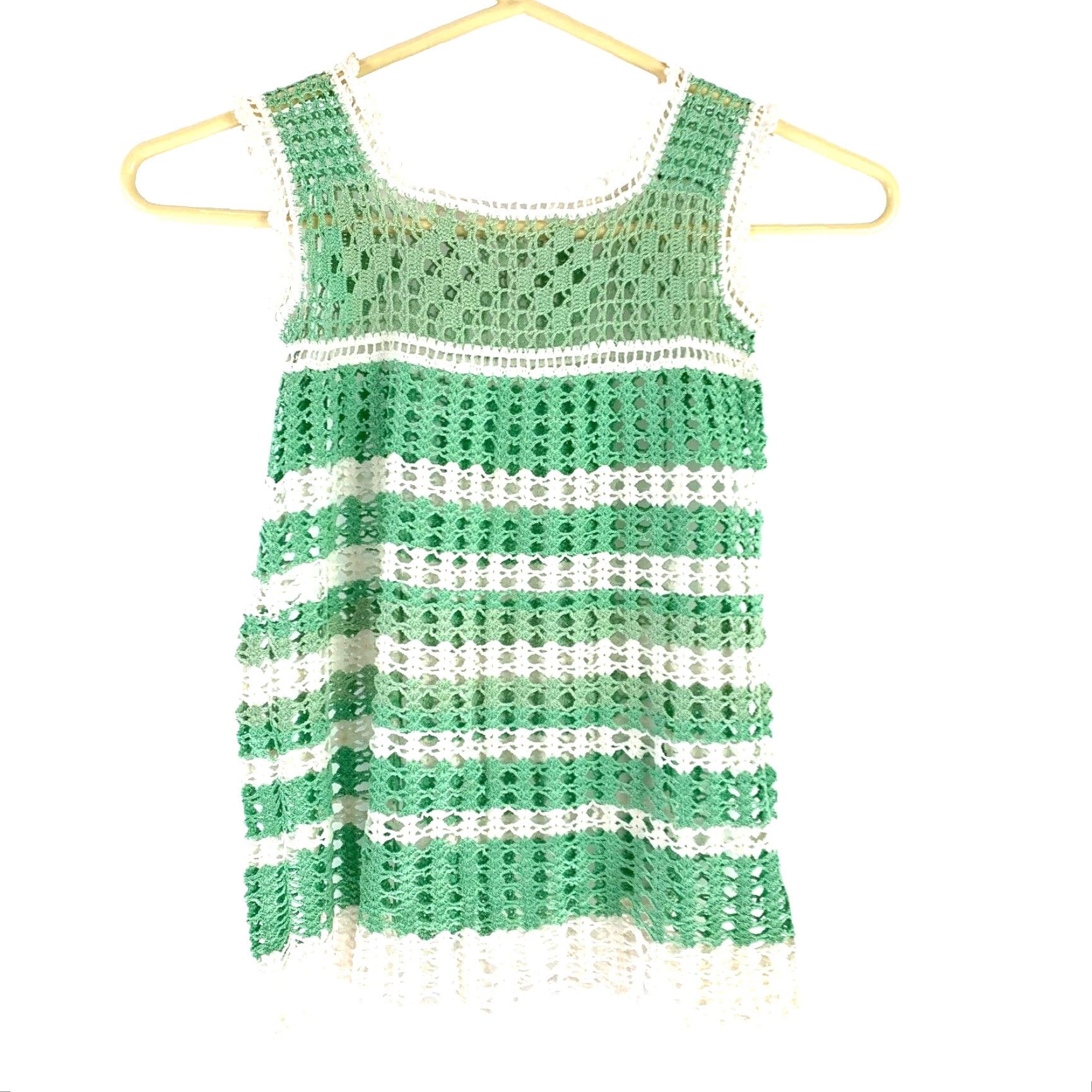 Vintage VINTAGE Handmade Crocheted Knit Green White Dress Girls Size ONE SIZE - 3 Thumbnail